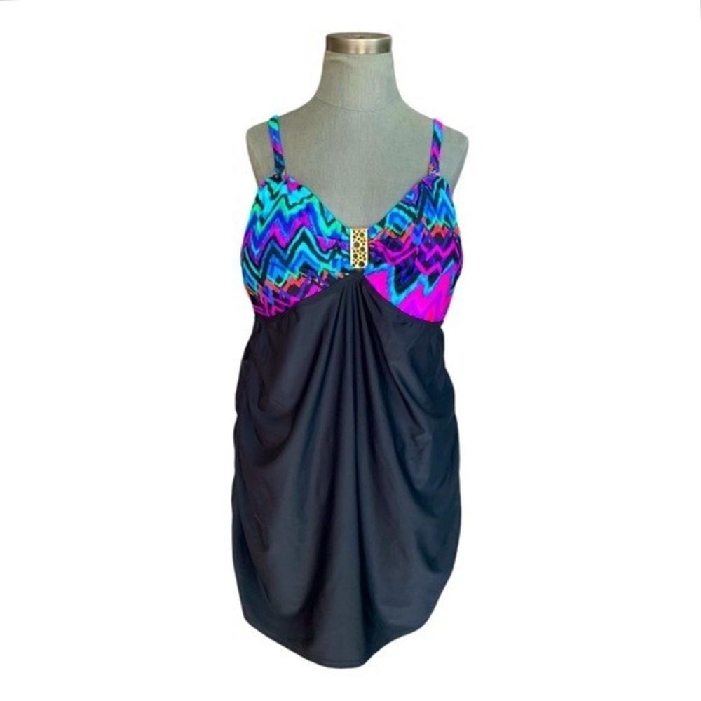 CATALINA Womens Swim Top 3X Bandeau Tank Black Multicolor Ruffle Gold Accent NWT - Picture 4 of 9